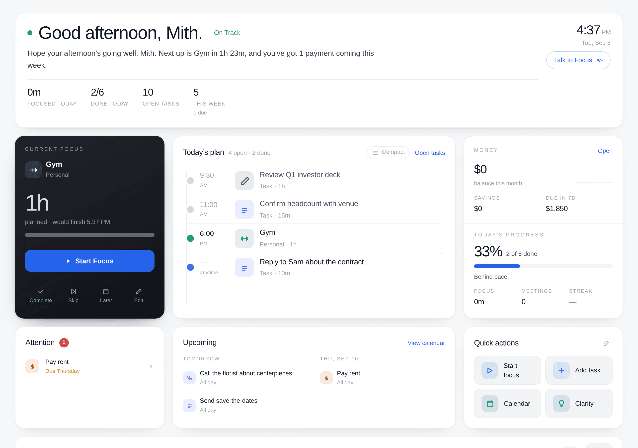 The Focus in Motion dashboard: today's plan, the focus timer, upcoming work and money at a glance