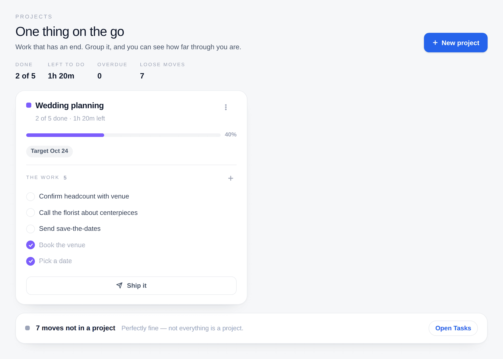 A project card showing progress, remaining work and completed items